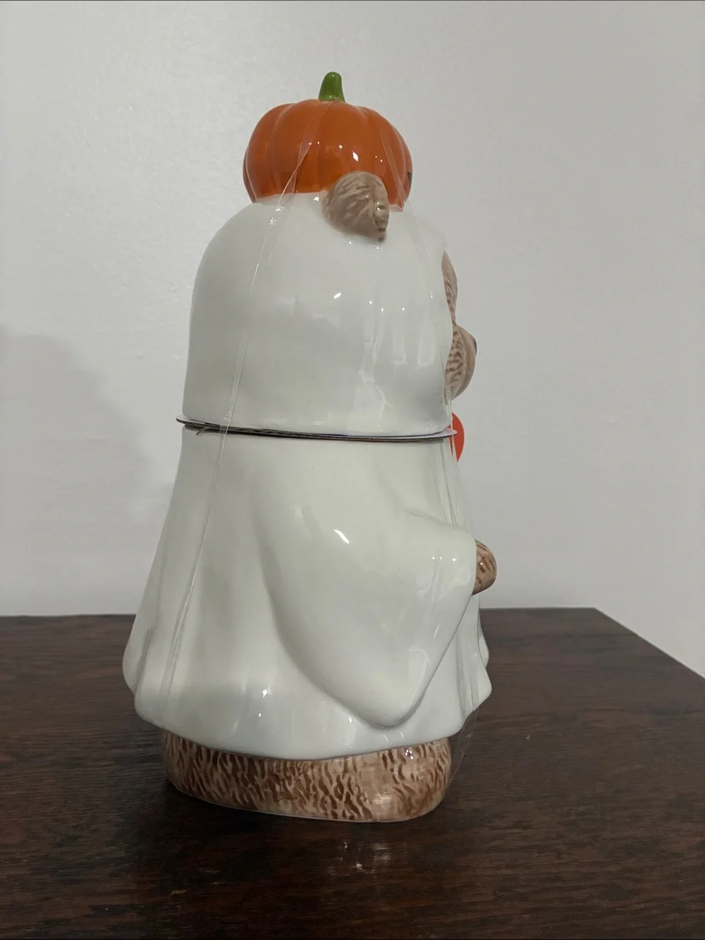 NWT- Halloween Ghost Bear Ceramic Cookie Jar- w/ Jack-o-lantern Pumpkin Handle